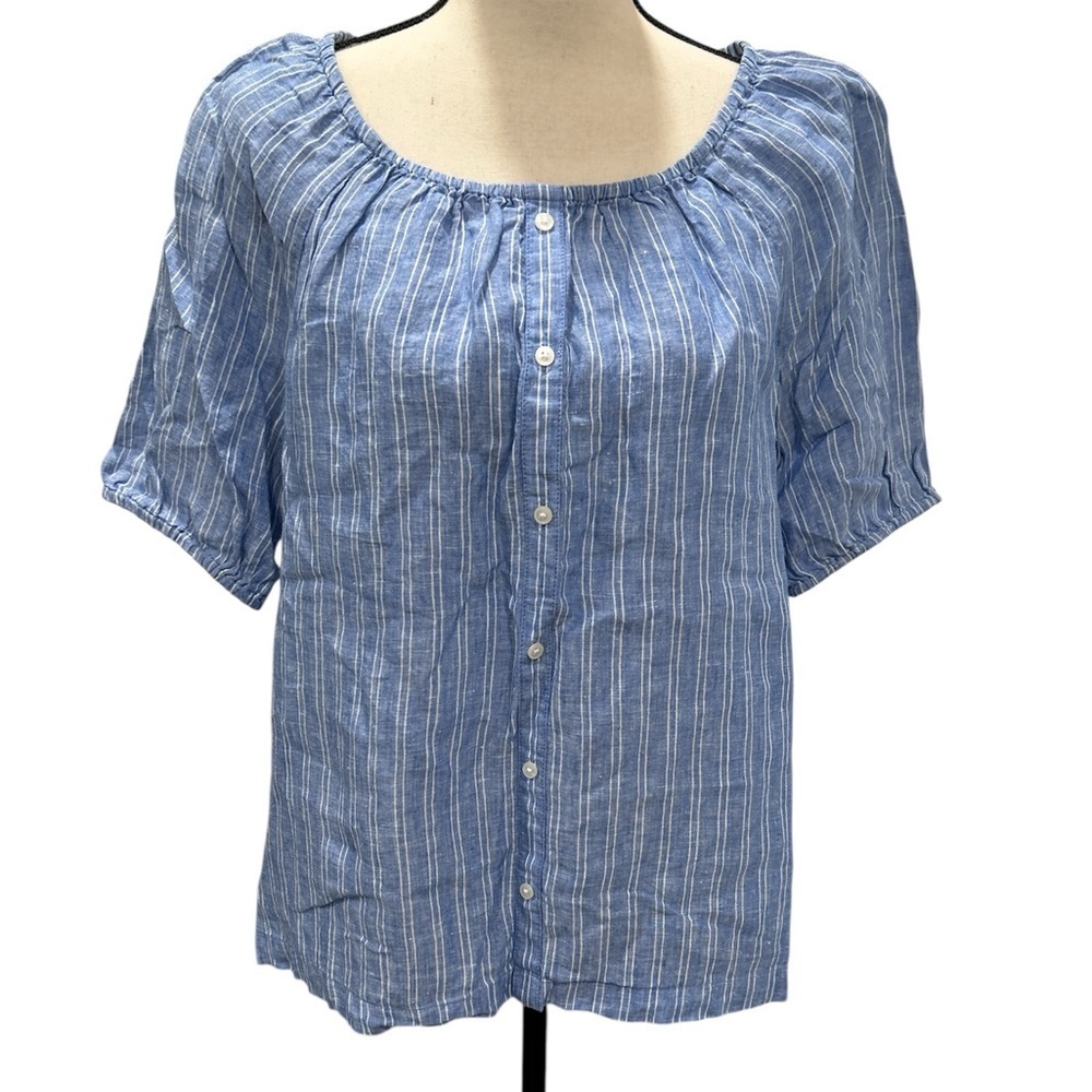 Talbots Blue and White Buttoned Short Sleeve Blouse